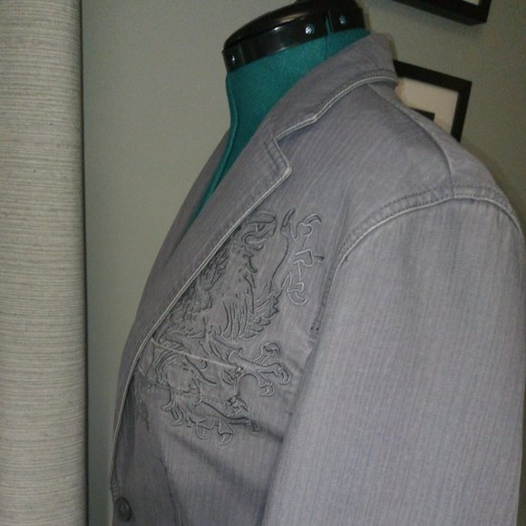 INC Grey Denim-Style Tonal Striped Blazer with Chest Embroidery Sz M NWT - Picture 14 of 16